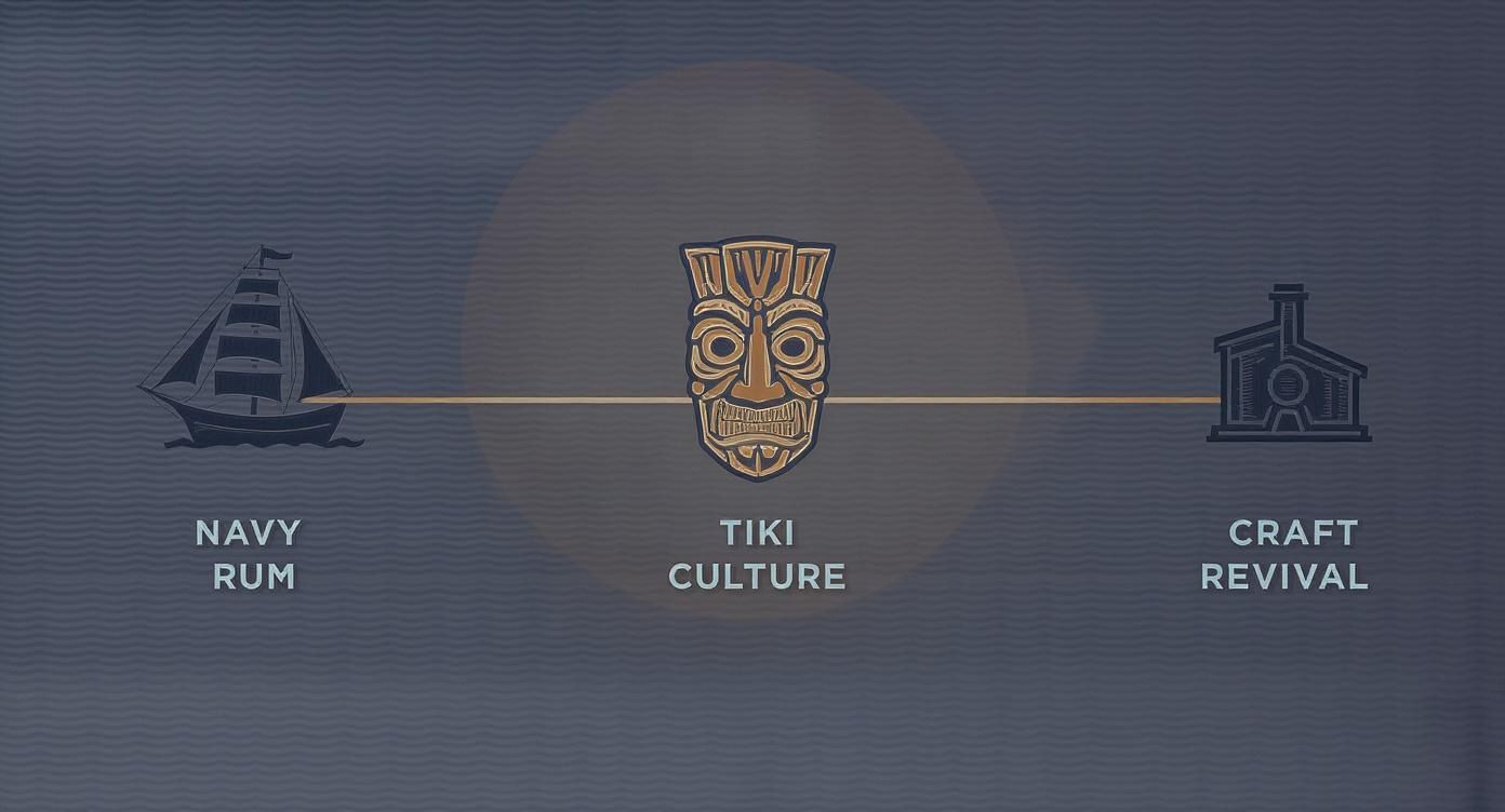 Infographic showing connection between Navy Rum, Tiki Culture, and Craft Revival with icons.