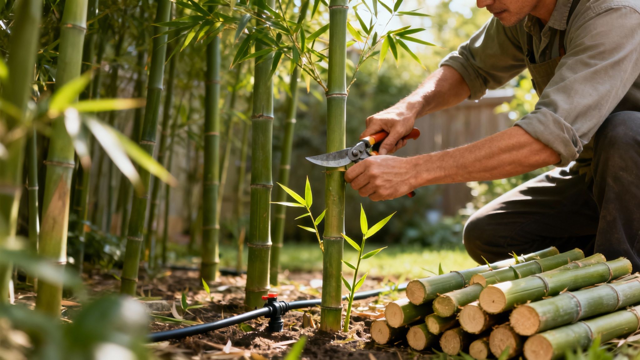 A person is carefully trimming and maintaining a lush bamboo garden, showcasing long-term care.