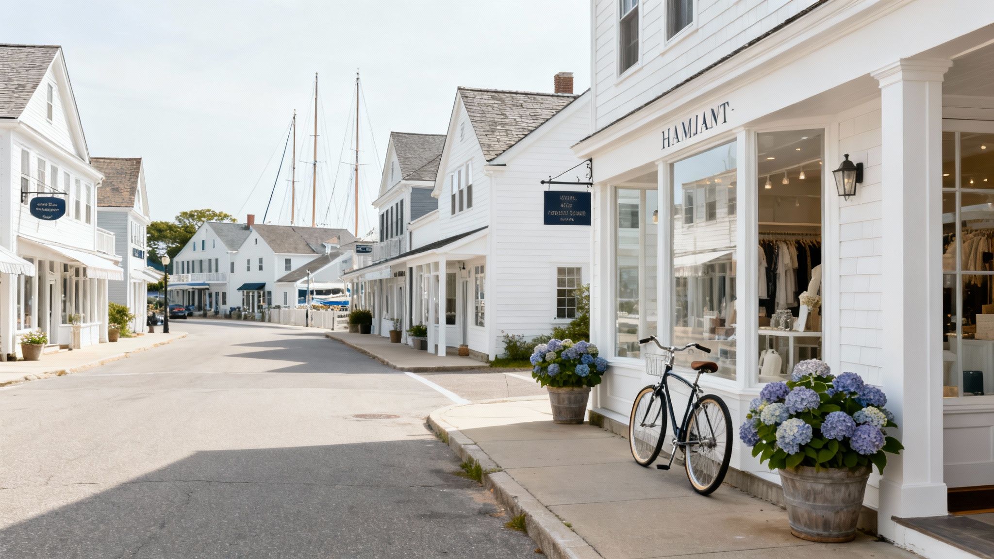 White-shingled shops and buildings line a charming street with blue hydrangeas and a bicycle, boat masts visible.