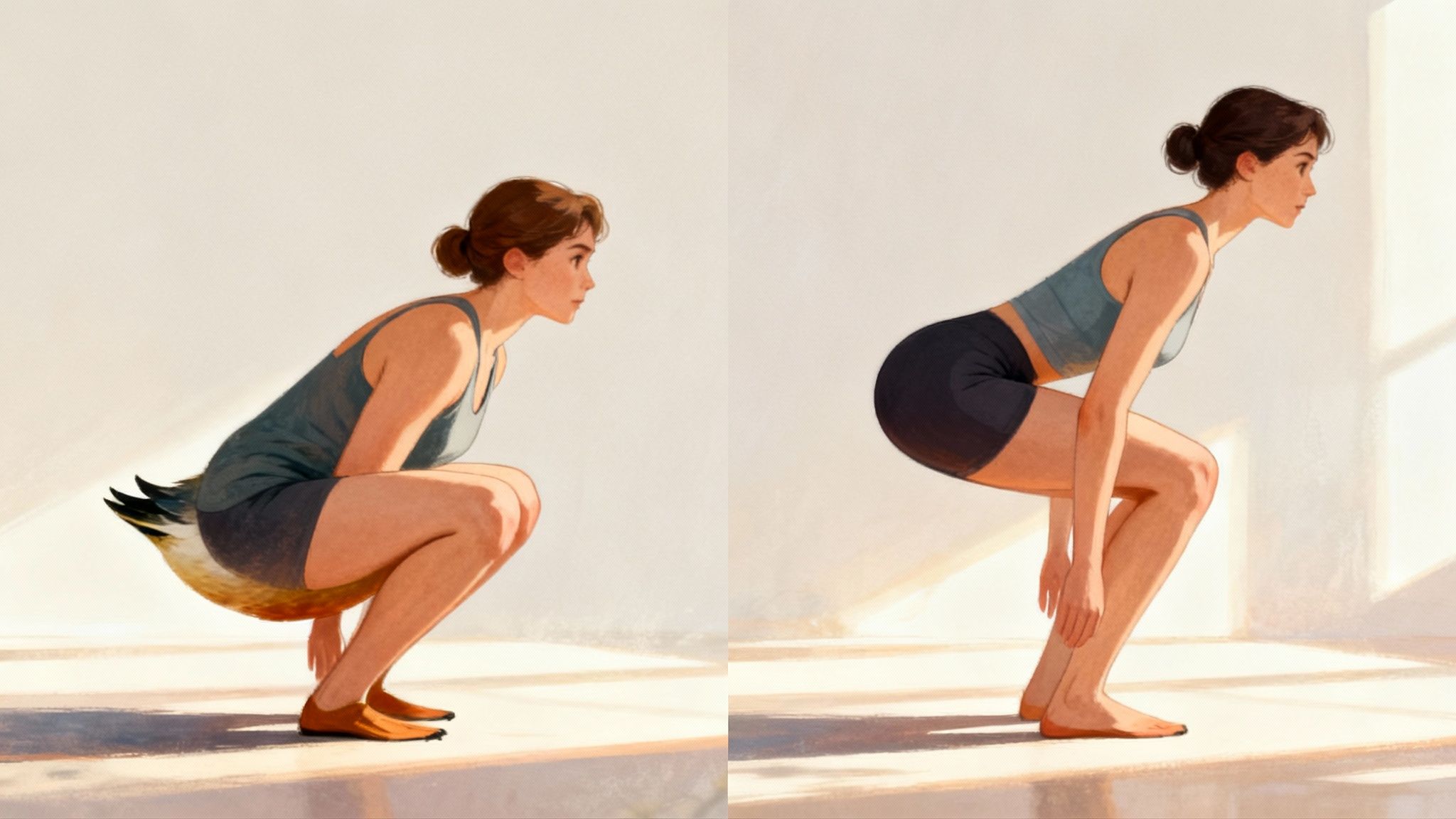 A woman demonstrates two squat forms: one with a duck's tail and feet, and another normal.