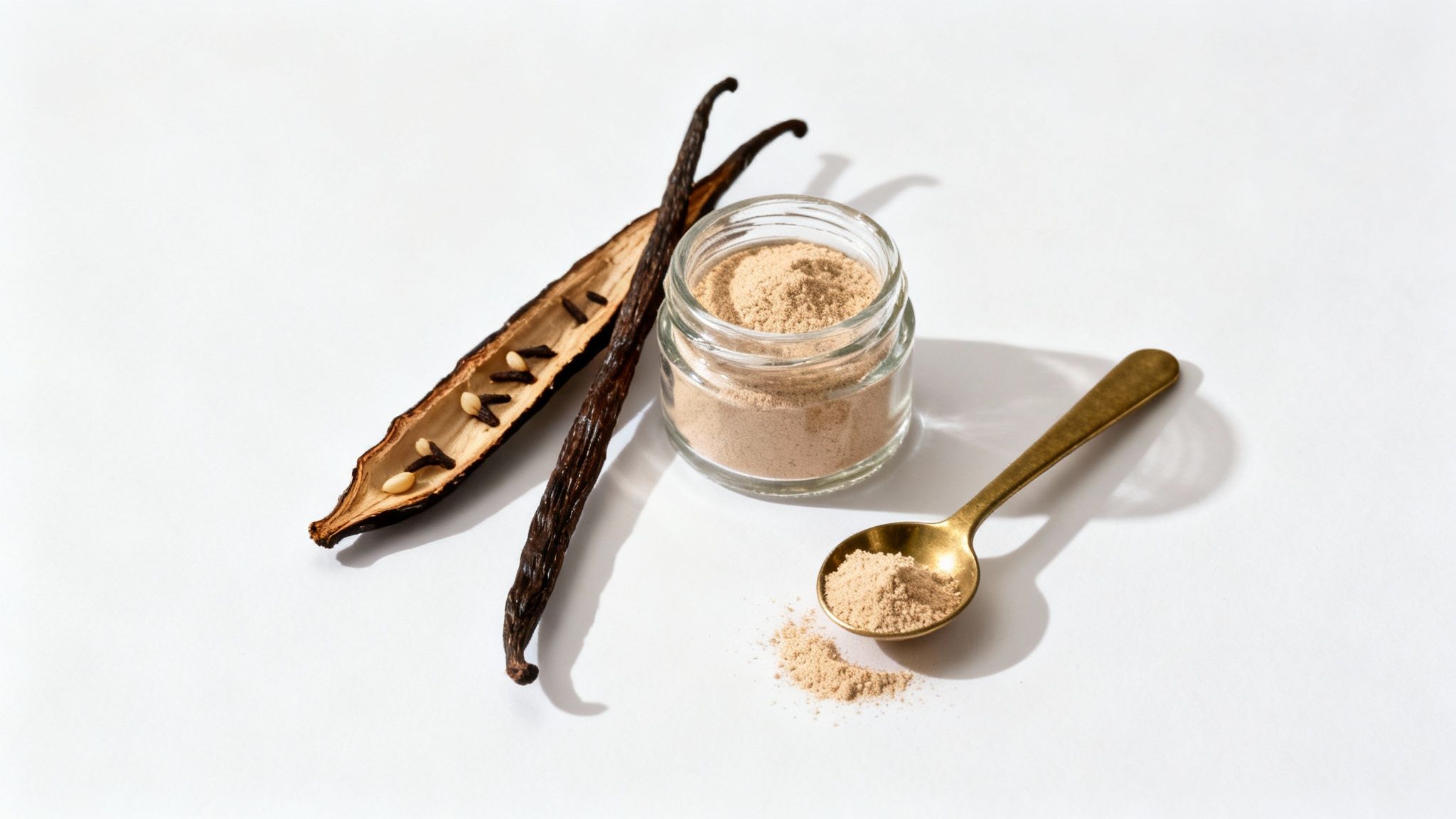 Vanilla pods, a split pod with seeds, and vanilla powder in a jar and on a spoon.