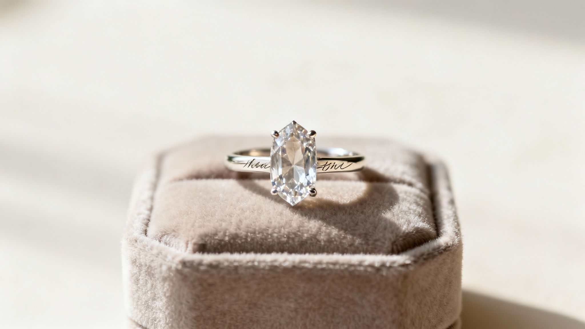 A close-up of a stunning, large diamond engagement ring on a hand, with a blurred, romantic floral background.