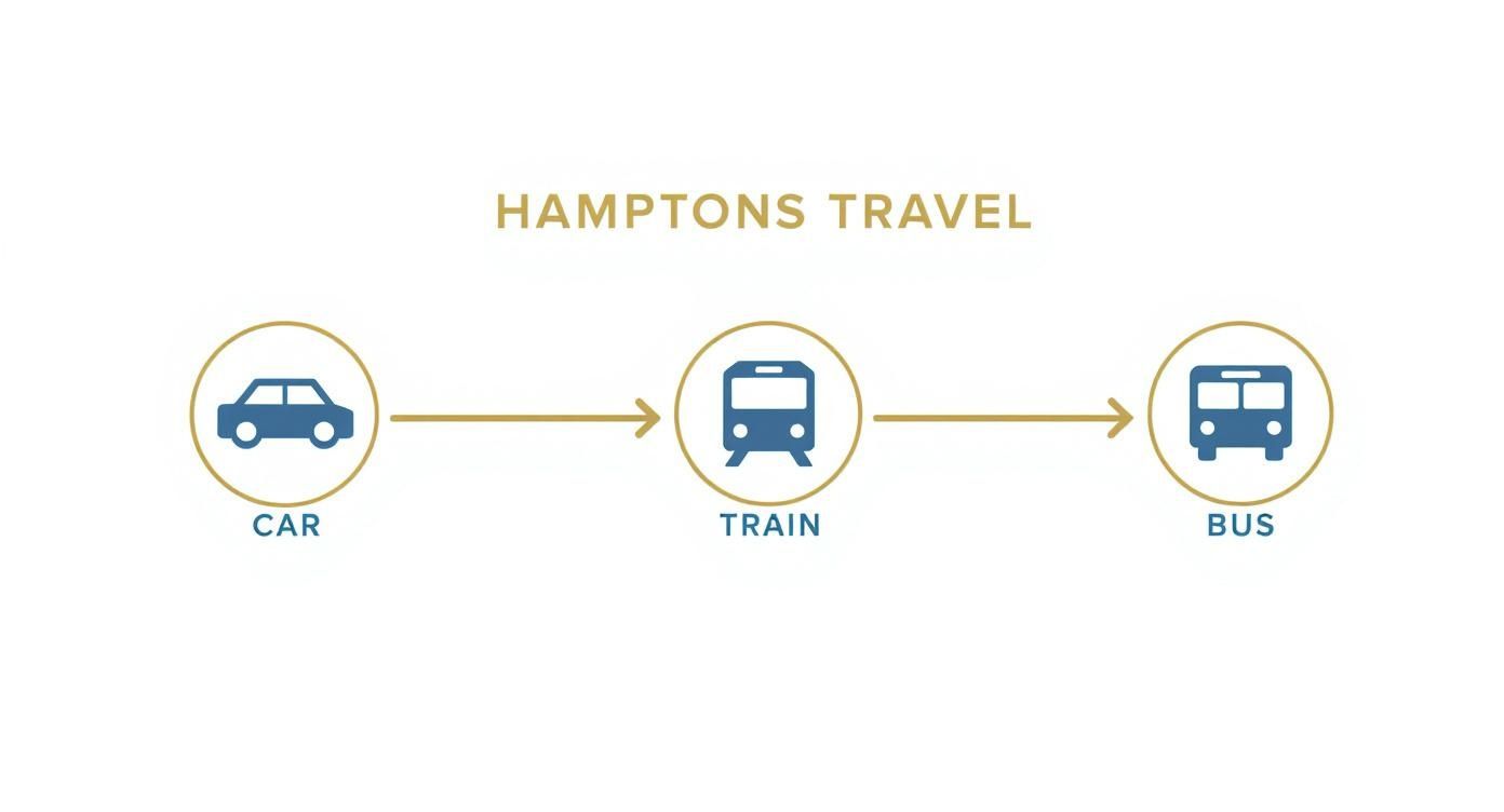 An infographic showing Hamptons travel options: car, followed by train, then bus, linked by arrows.