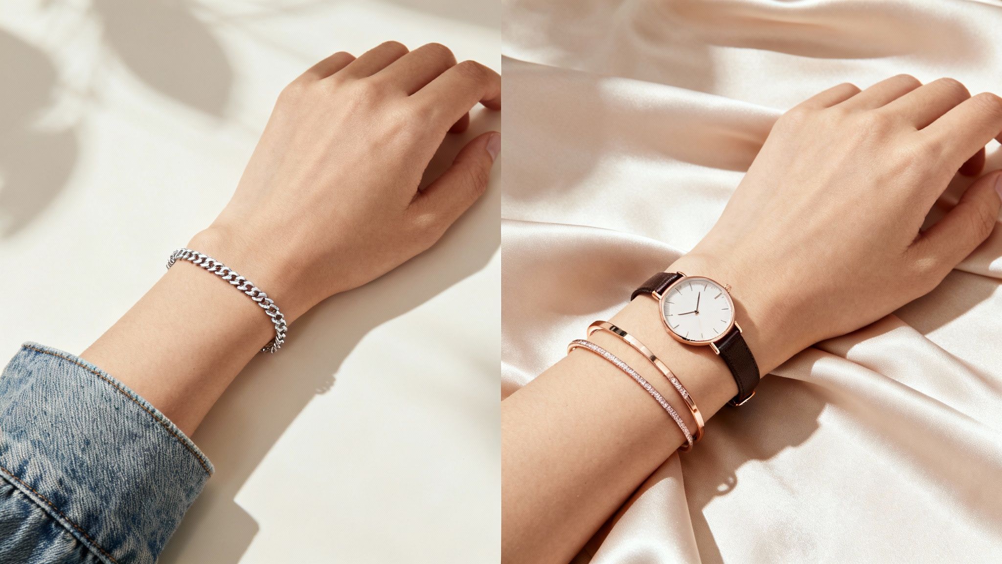A woman's wrist adorned with a sparkling tennis bracelet and a classic watch.