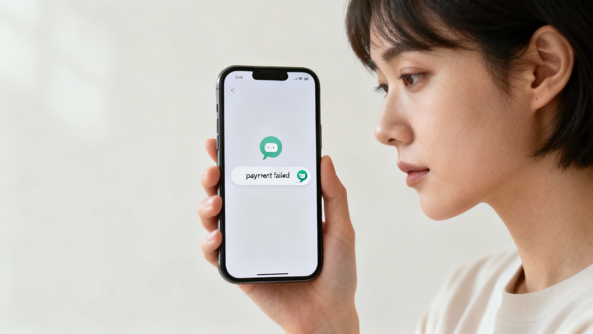 Woman looking concerned at smartphone displaying payment failed message on mobile app