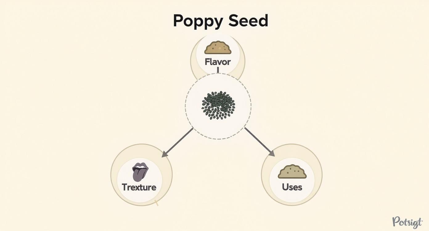 Diagram showing poppy seed characteristics including flavor, texture, and uses with visual icons