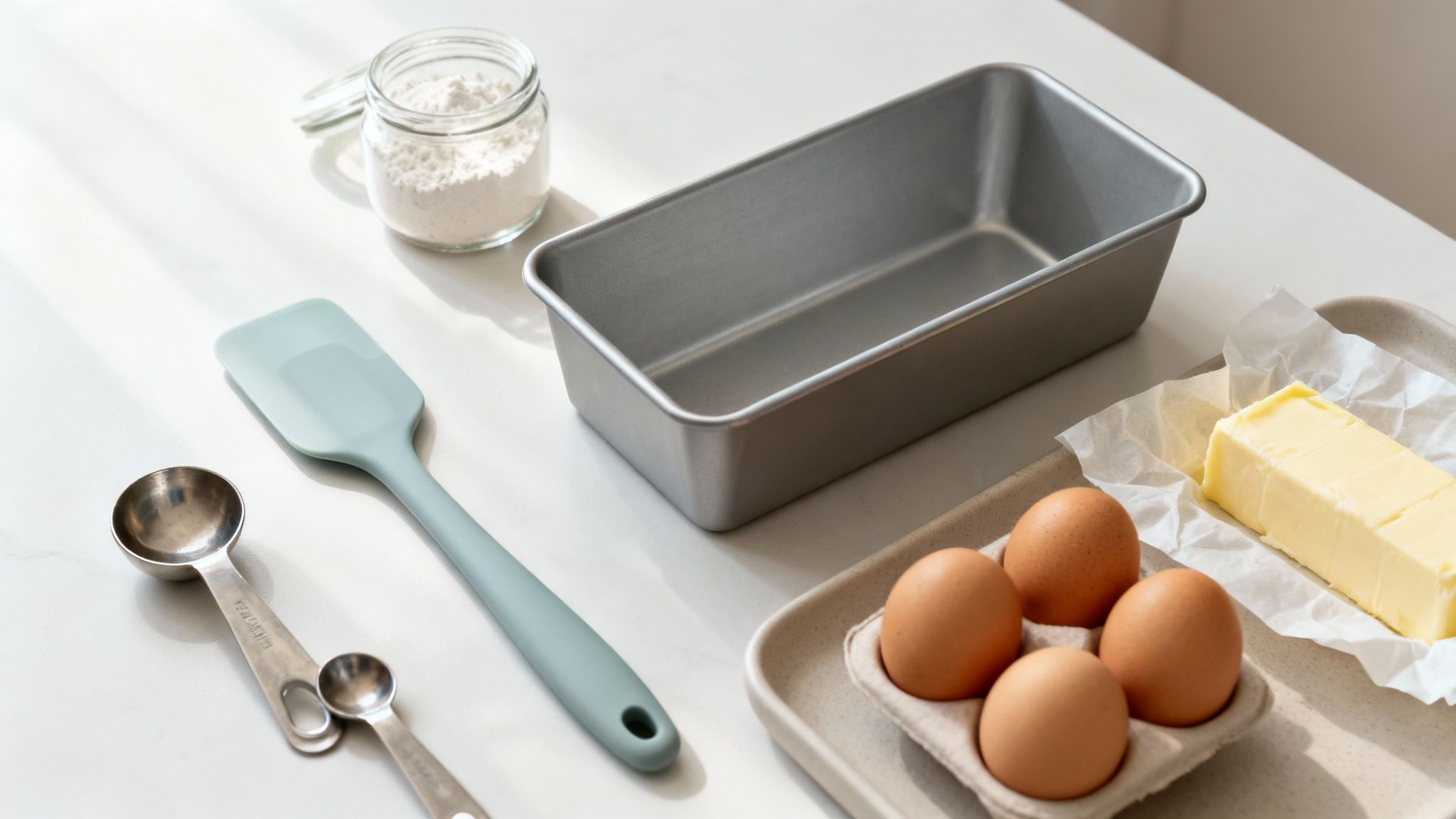 Several baking ingredients and tools neatly arranged on a kitchen counter, ready for making banana bread.