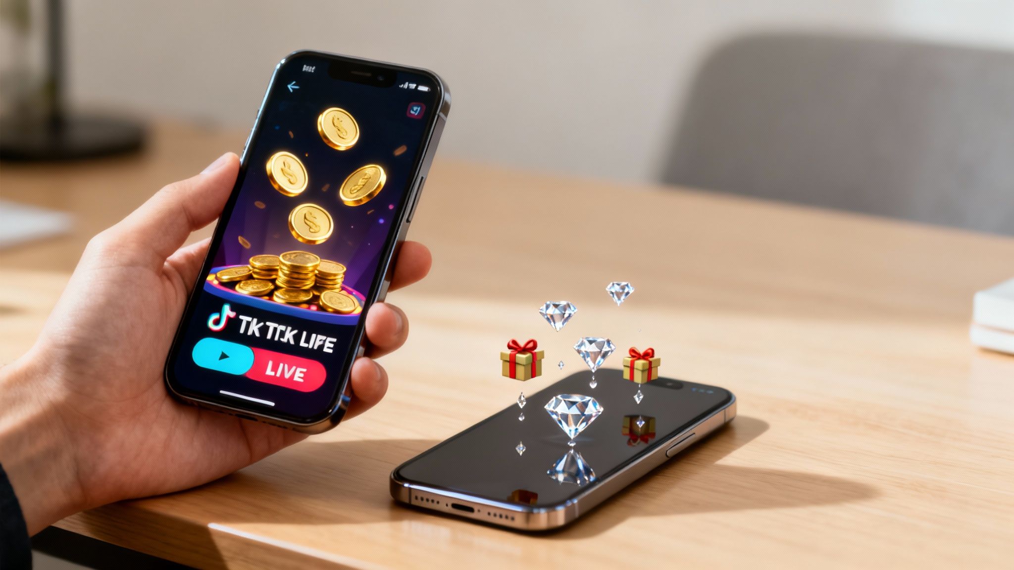 A hand holding a smartphone displaying the TikTok app with coin icons floating around.