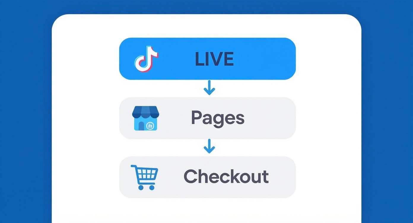 Infographic showing a hierarchy of where to find TikTok Shop promo codes, starting with LIVE videos, then brand pages, and finally at checkout.