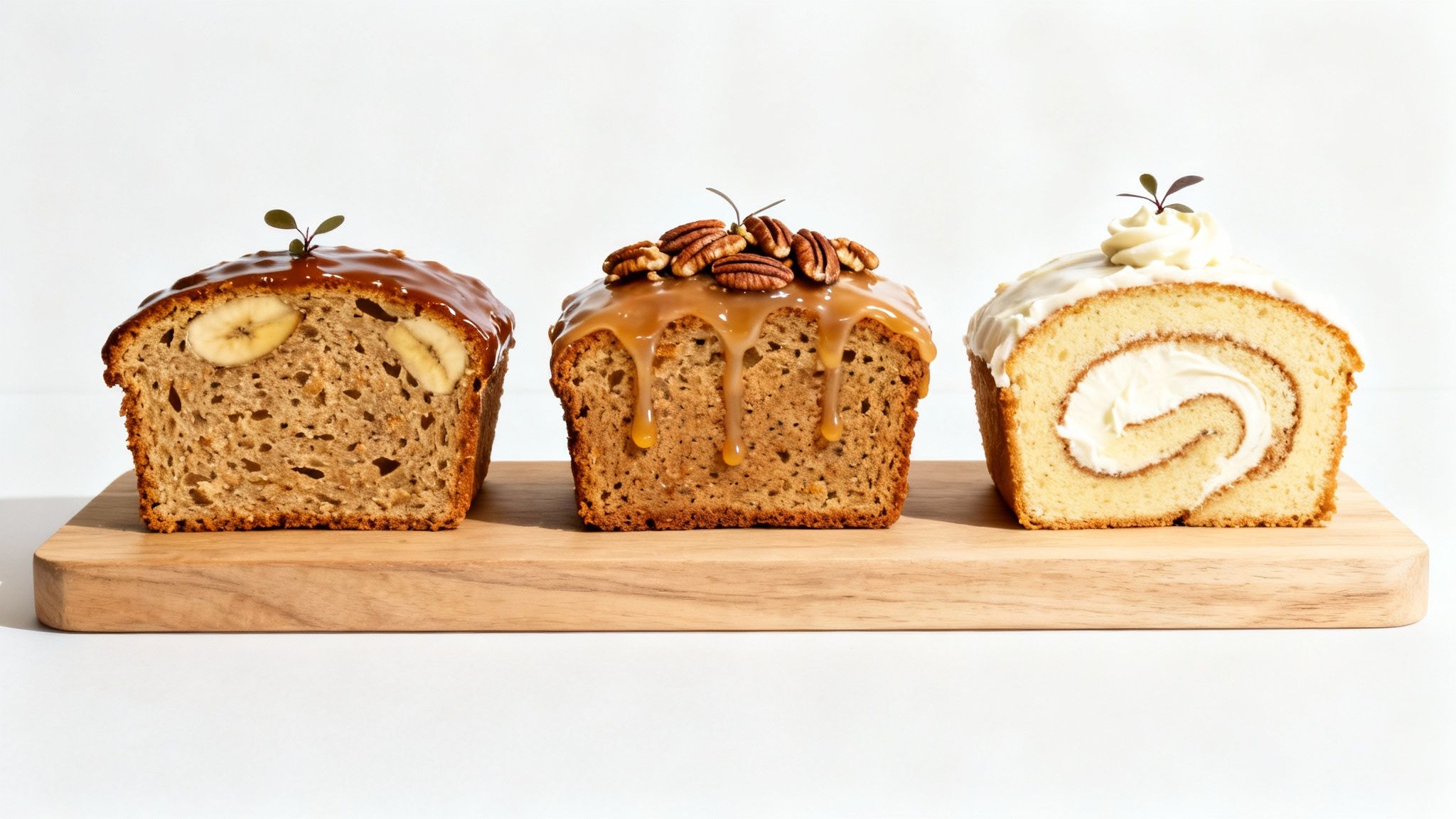 A decadent slice of banana bread with a mascarpone swirl on a plate.