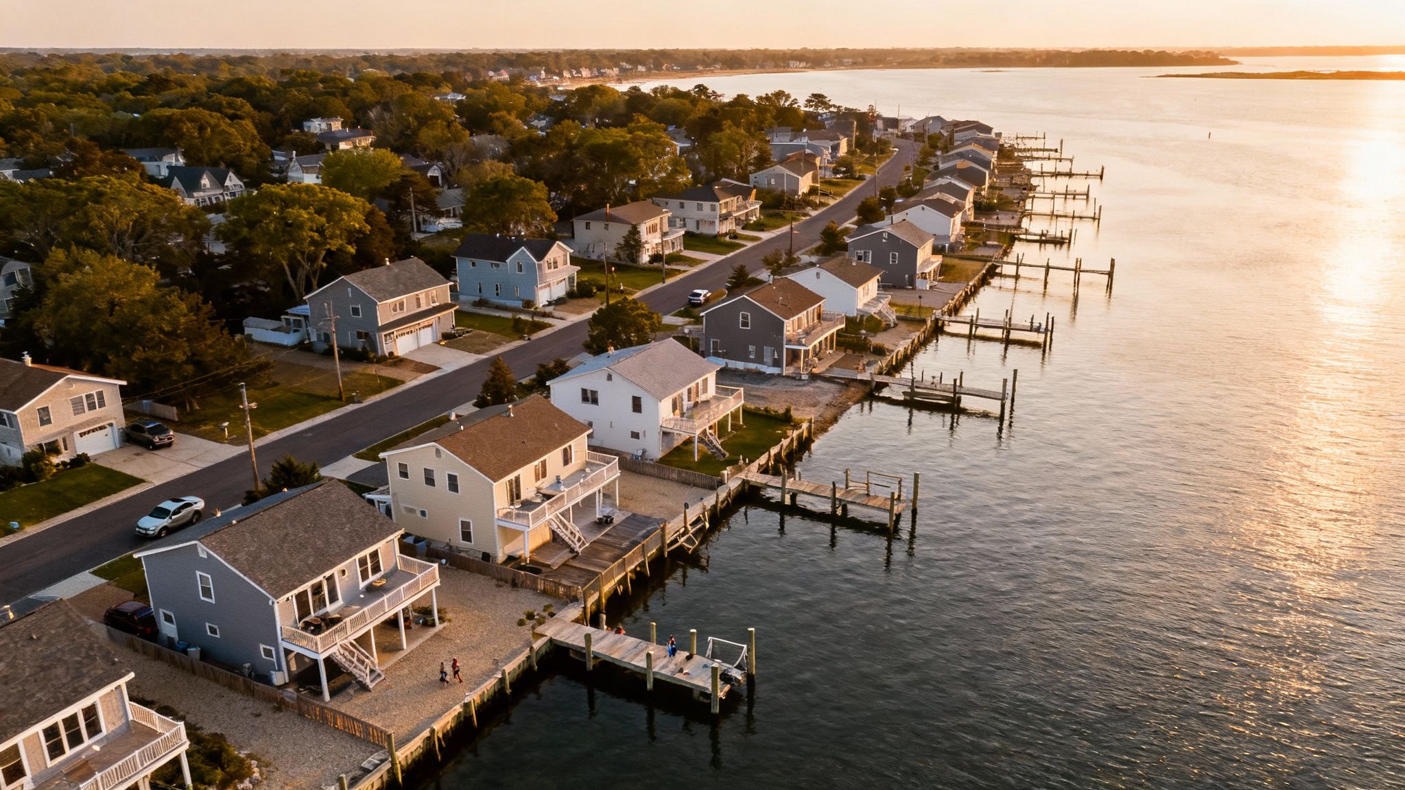 Aerial view of waterfront houses and docks along a street at golden hour.