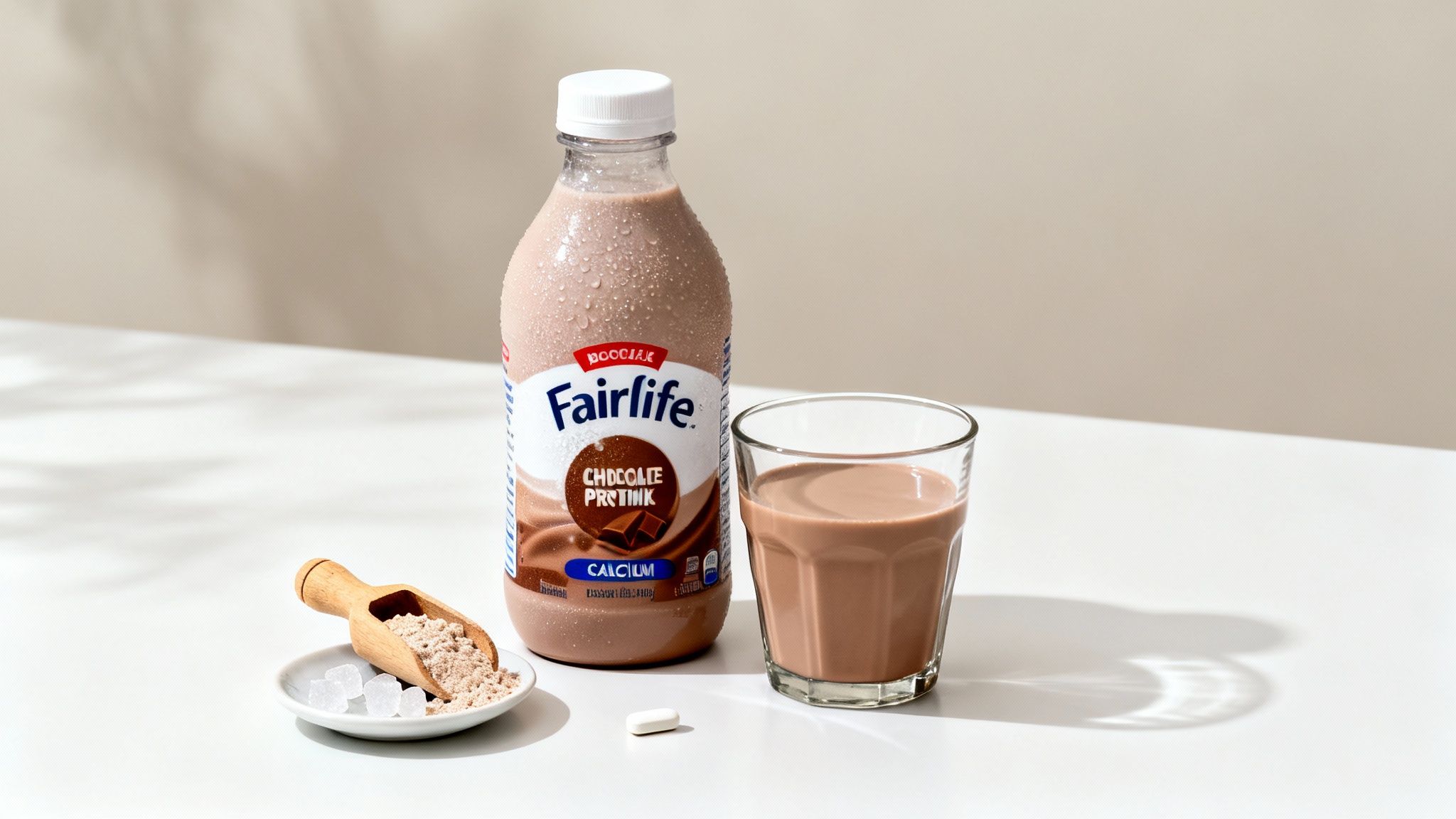 Glass of Fairlife chocolate milk being poured