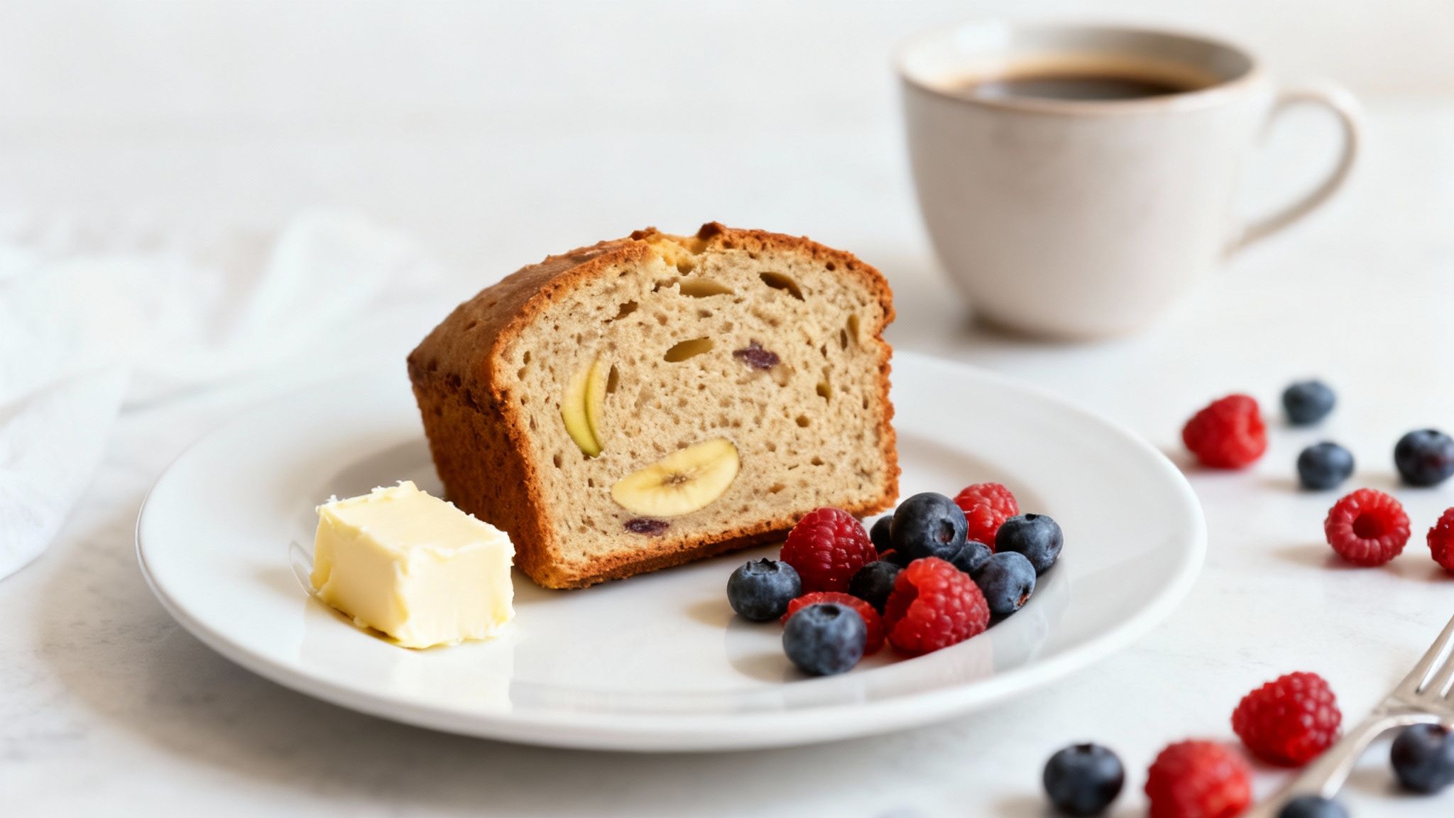 Elegant presentation of sliced banana bread on a serving platter with fresh berries.