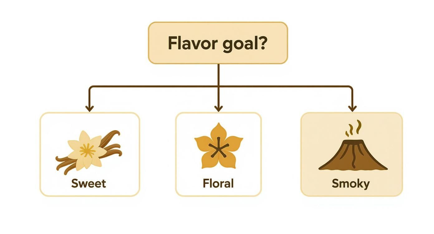 A flowchart asking for flavor goals, offering three options: sweet (vanilla), floral, and smoky (volcano).