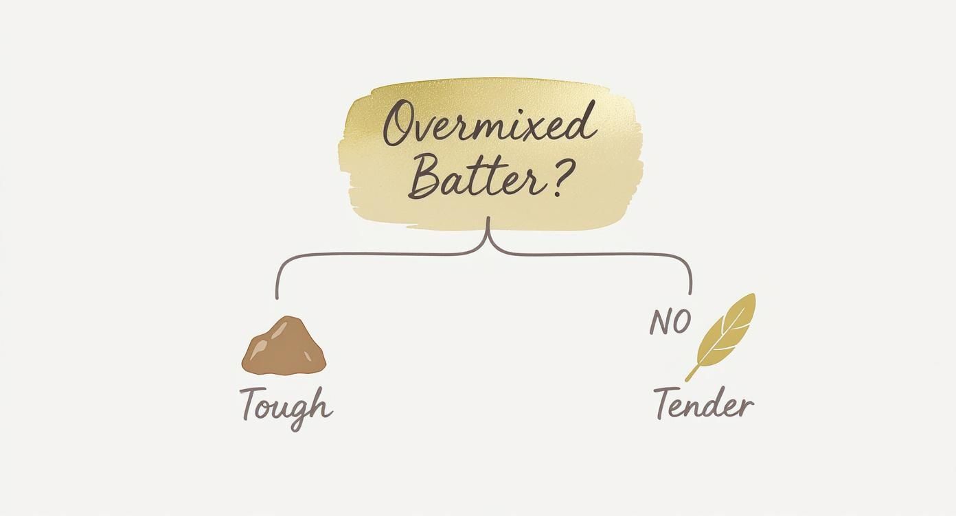 Infographic decision tree showing that overmixing batter leads to tough banana bread, while proper mixing results in a tender loaf.