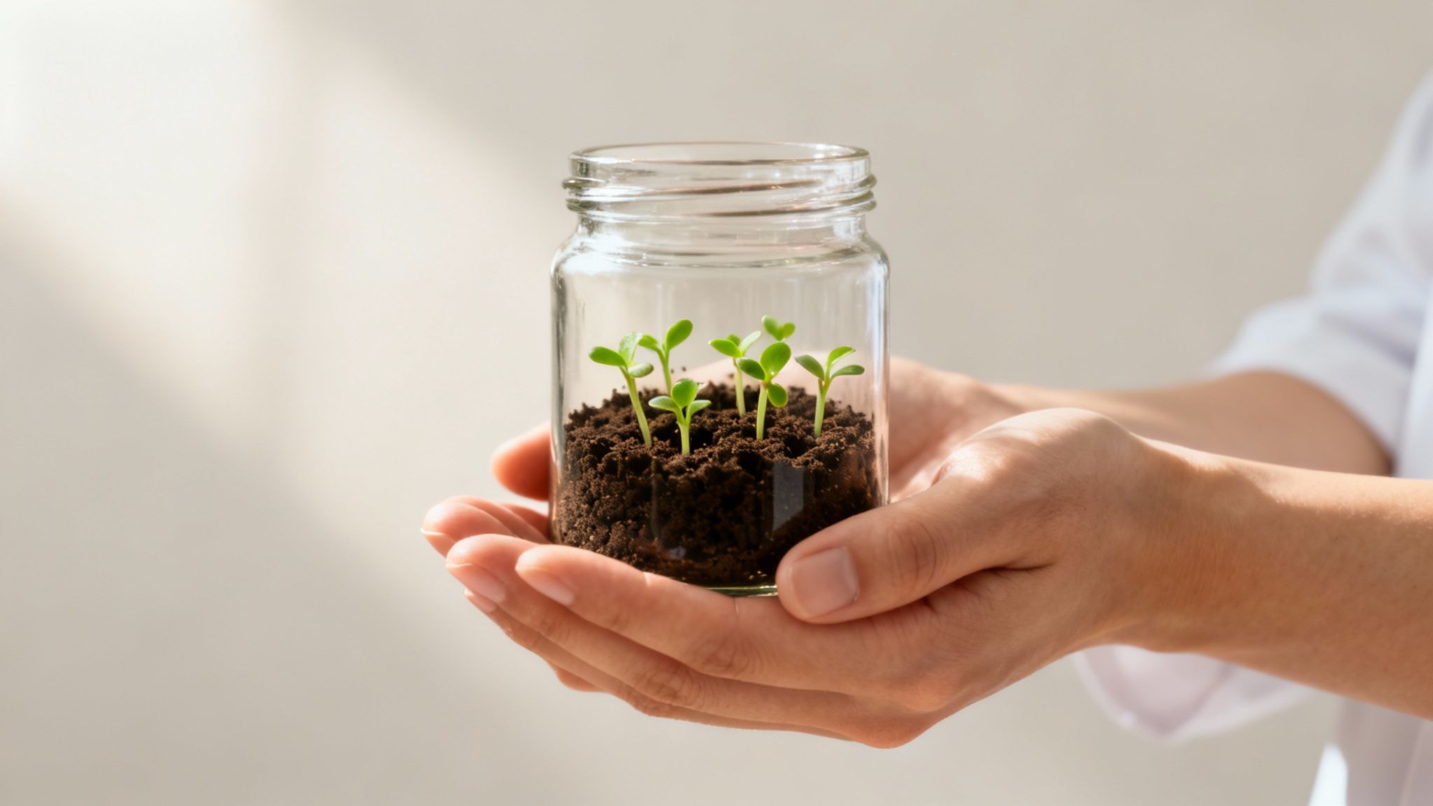 Hands cradling a clear glass jar with young green plants emerging from rich soil.