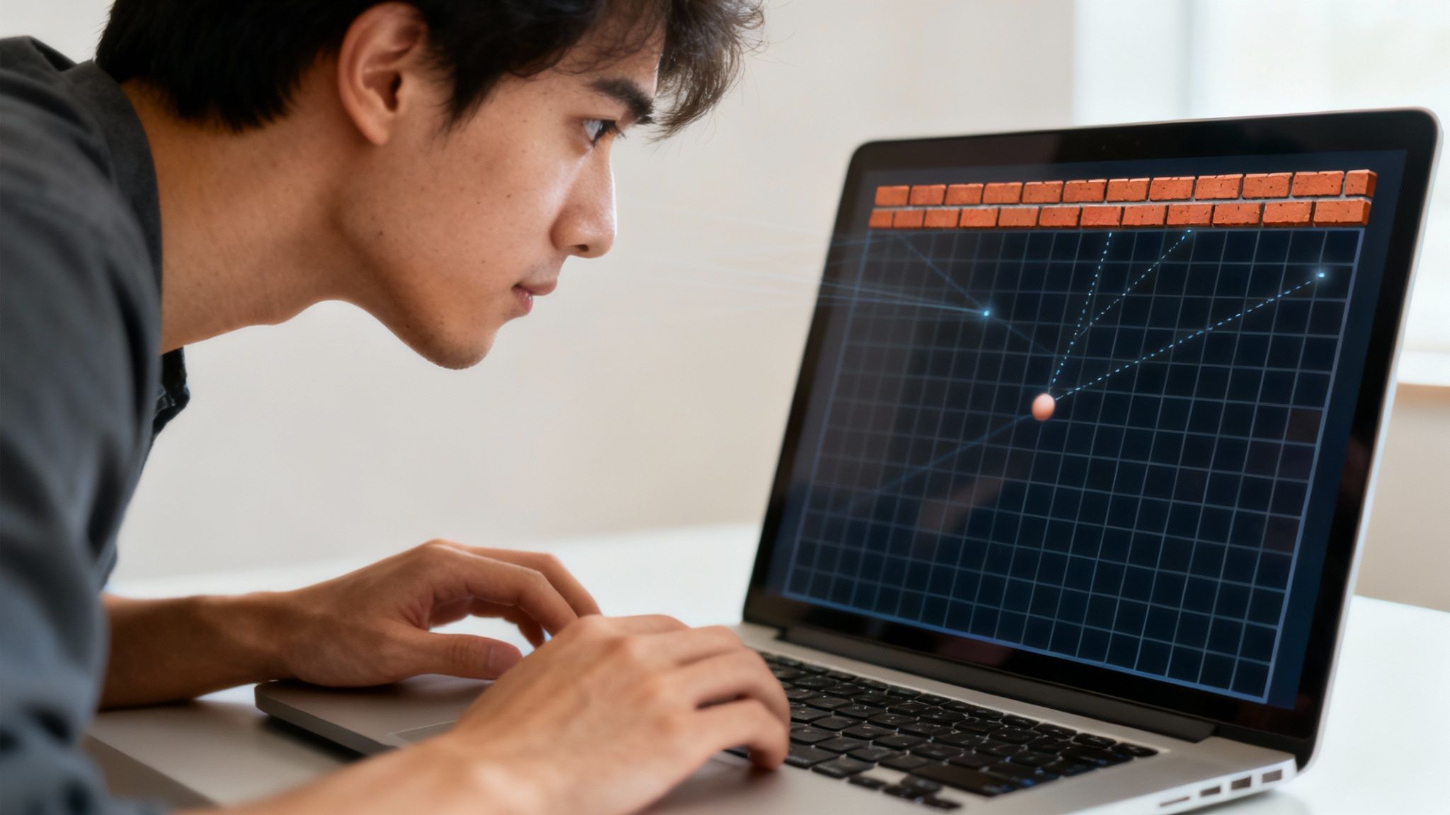 Young man playing classic brick breaker arcade game on laptop computer screen