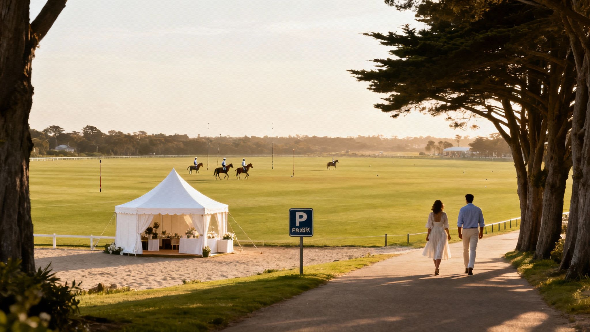 Elegant couple walking toward white tent at polo field during golden hour sunset