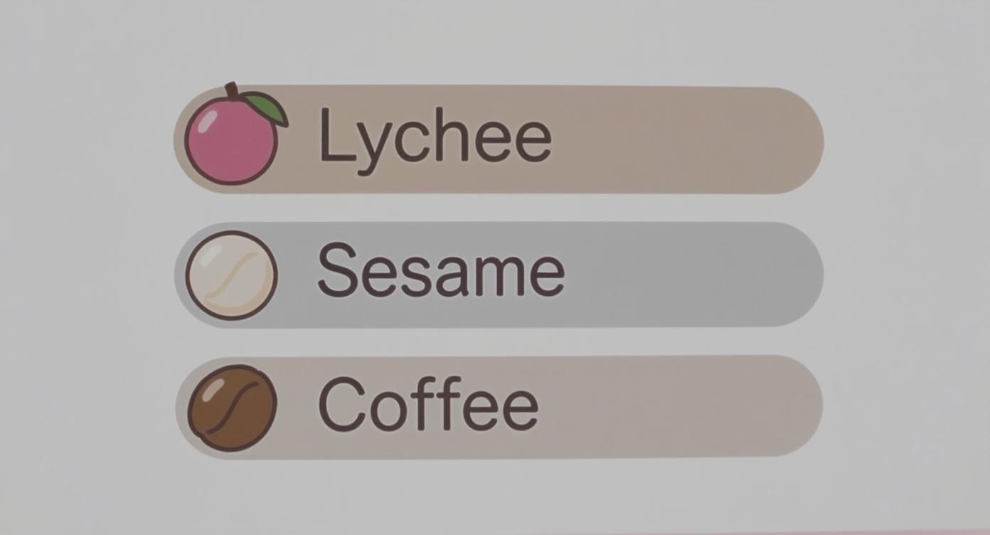 Infographic showcasing popular Labubu Macaron designs including Lychee, Sesame, and Coffee with minimalist icons.