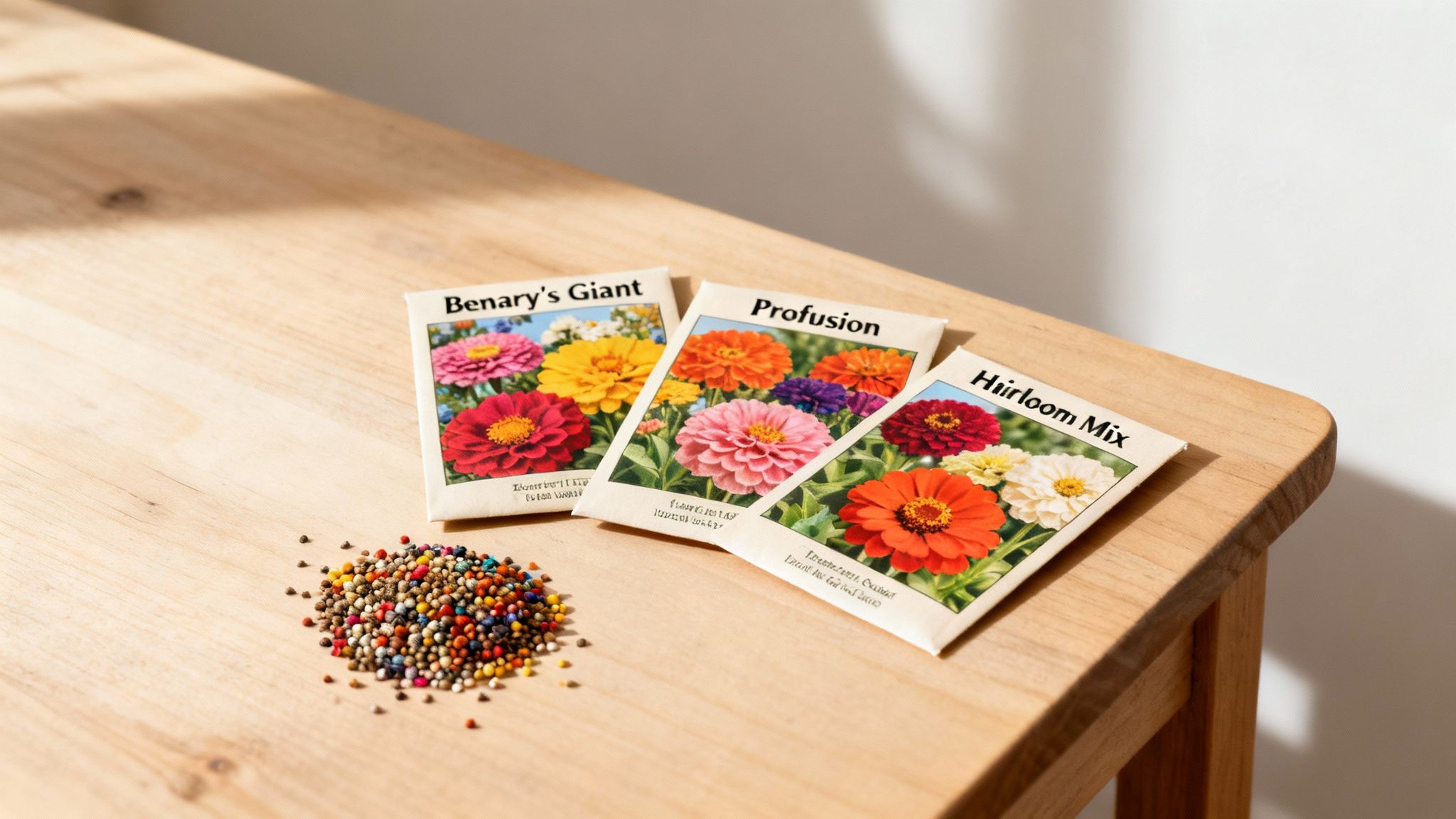 Three zinnia seed packets and a pile of colorful zinnia seeds on a wooden table.