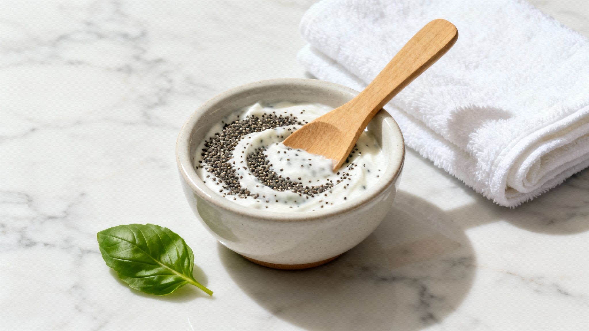 A white bowl of creamy substance with basil seeds swirled, a wooden spoon, fresh basil leaf, and white towels on marble.
