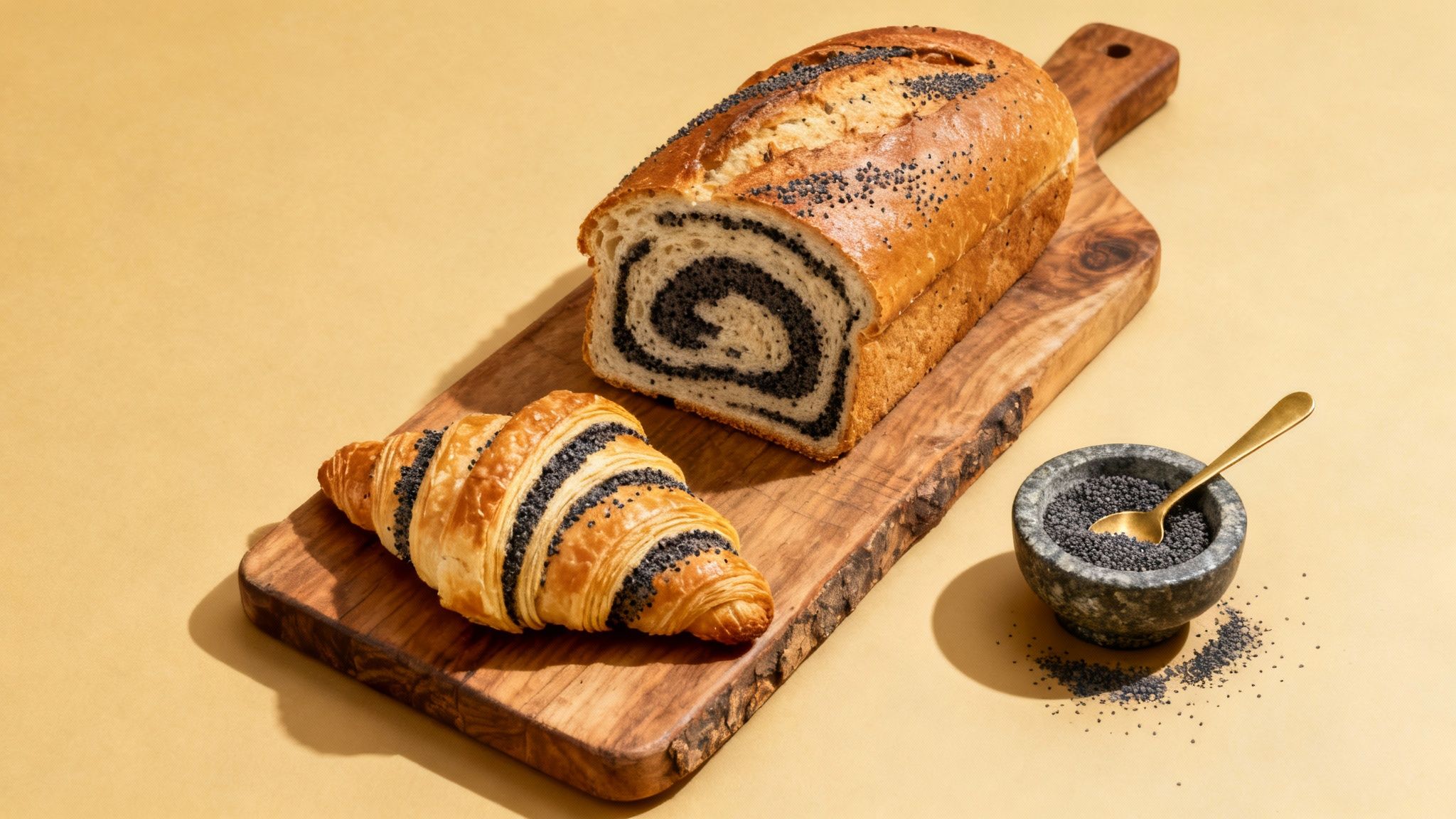 Poppy seed swirl bread loaf and croissant on wooden board with poppy seeds