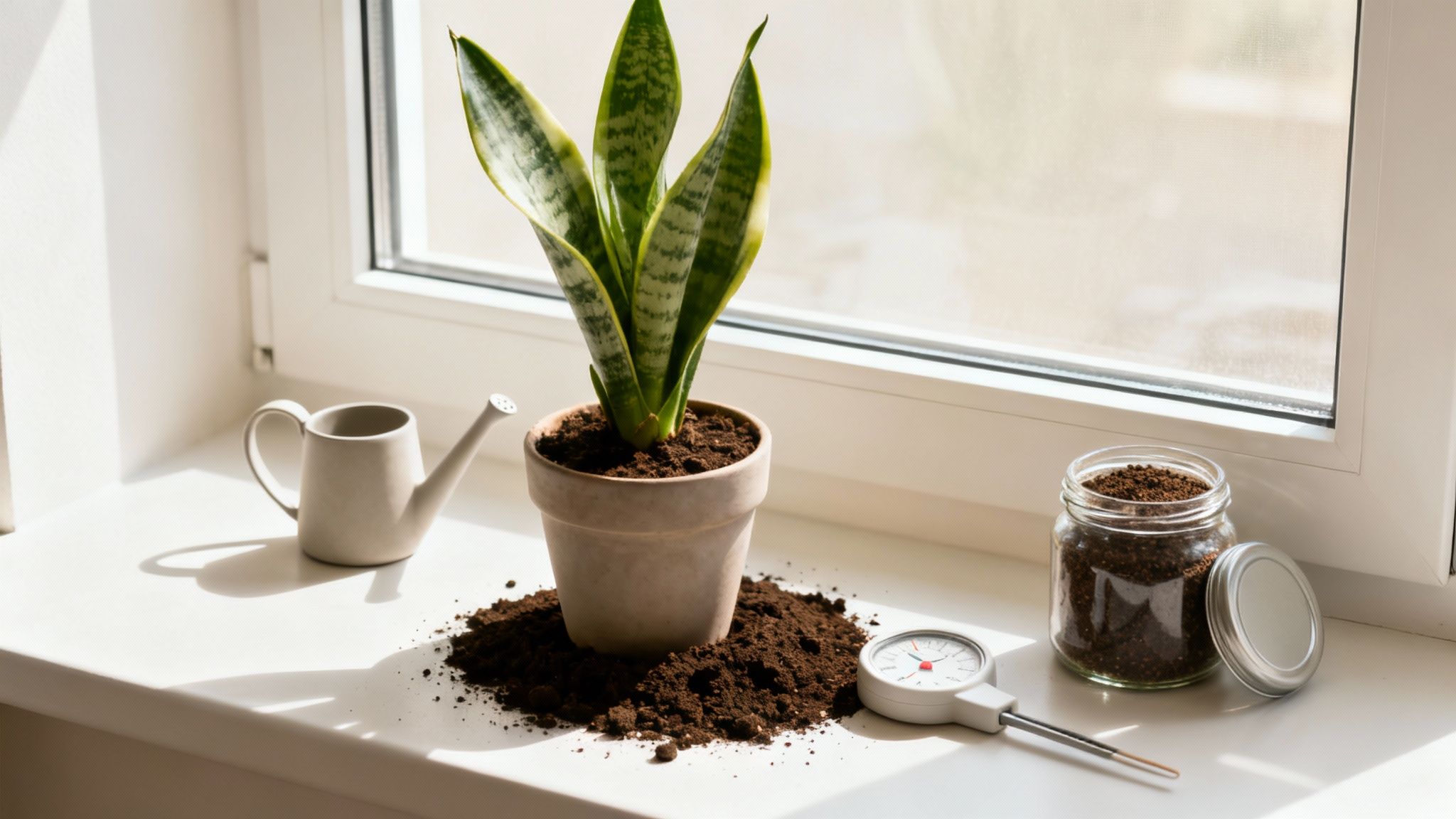 Snake plant in a white pot showing its striking green and yellow leaves.