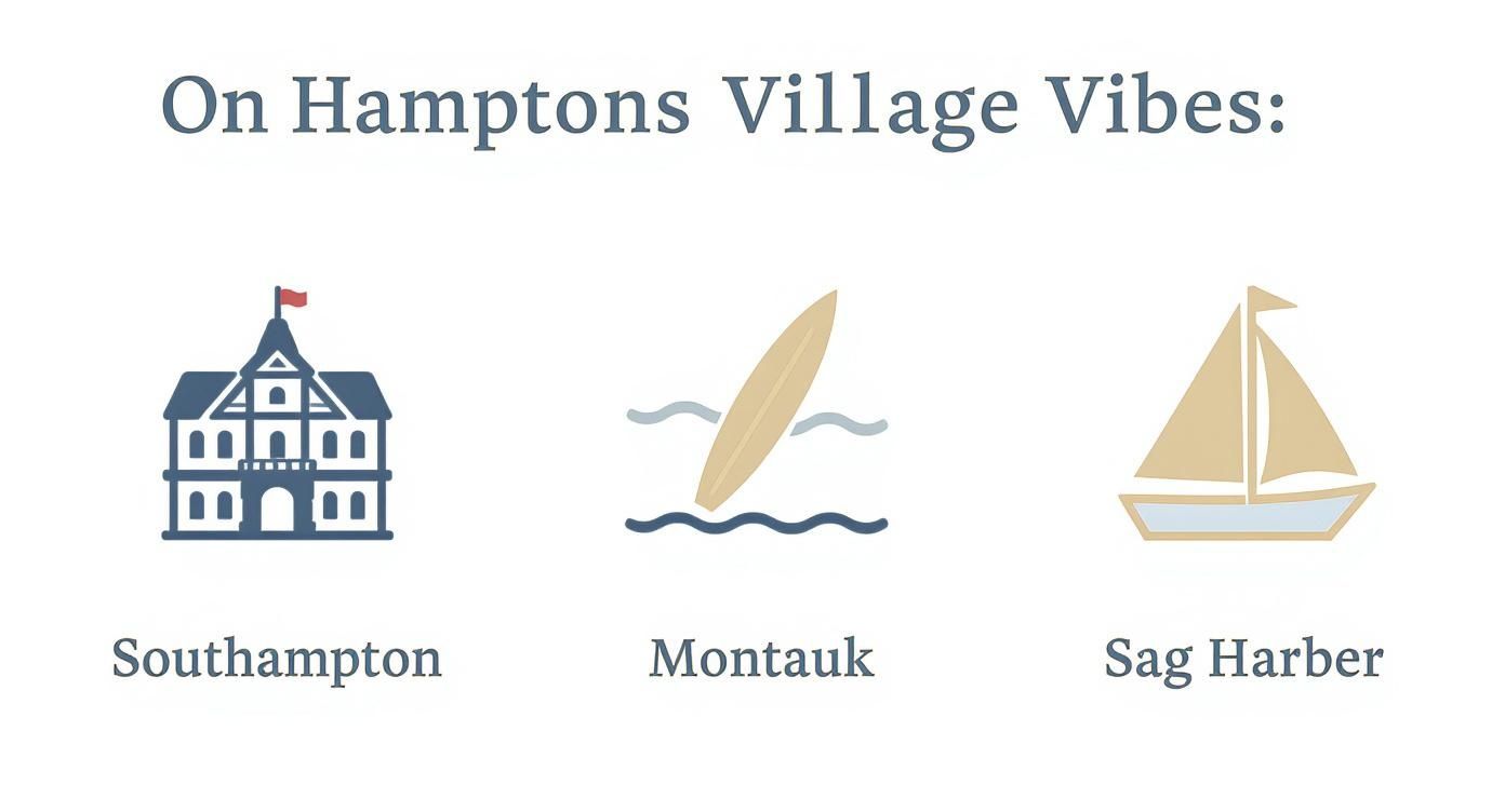 Three Hamptons village vibe illustrations: a building for Southampton, surfboard for Montauk, and sailboat for Sag Harbor.