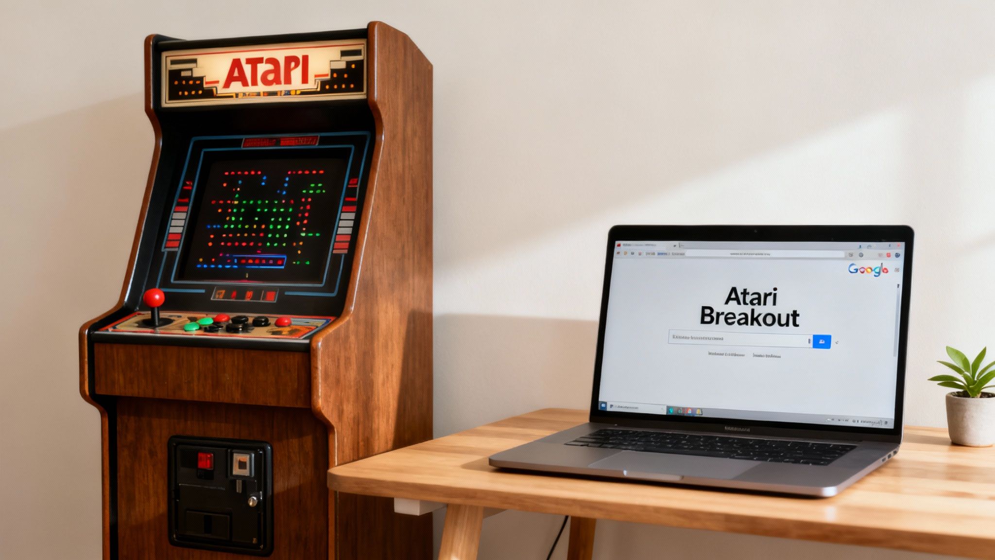 Miniature Atari arcade cabinet next to laptop displaying Atari Breakout game on desk