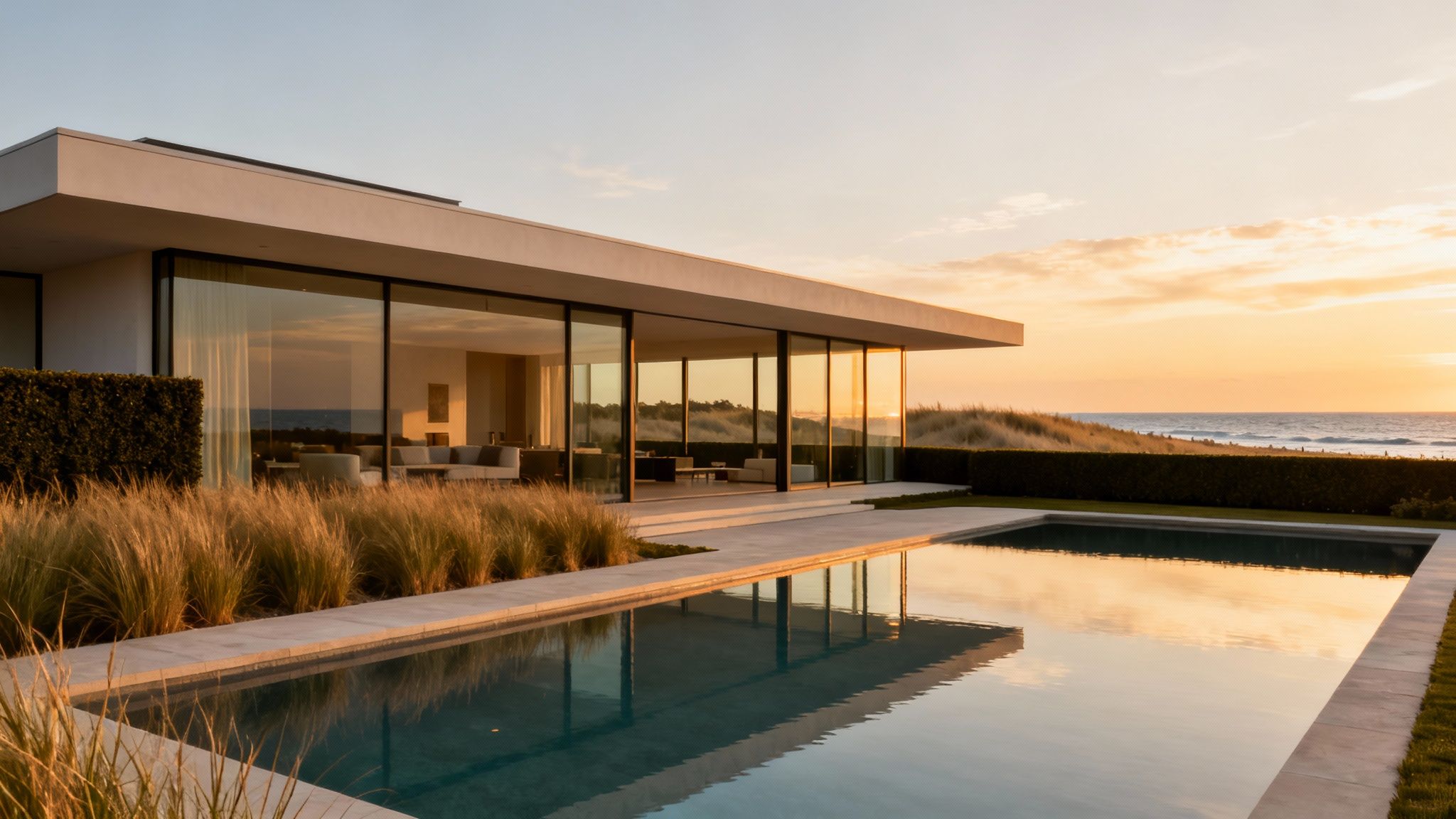 A contemporary home with expansive glass overlooking a pool, dunes, and ocean during golden hour.