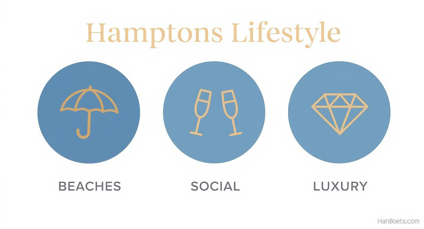 Hamptons Lifestyle concept with icons for beaches (umbrella), social events (champagne glasses), and luxury (diamond).
