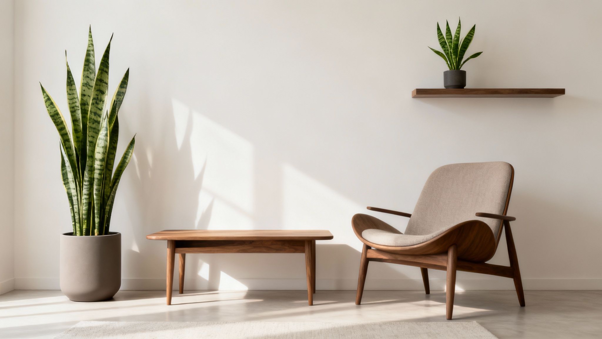 A snake plant in a decorative pot, showcasing its architectural leaves in a bright, modern living space.