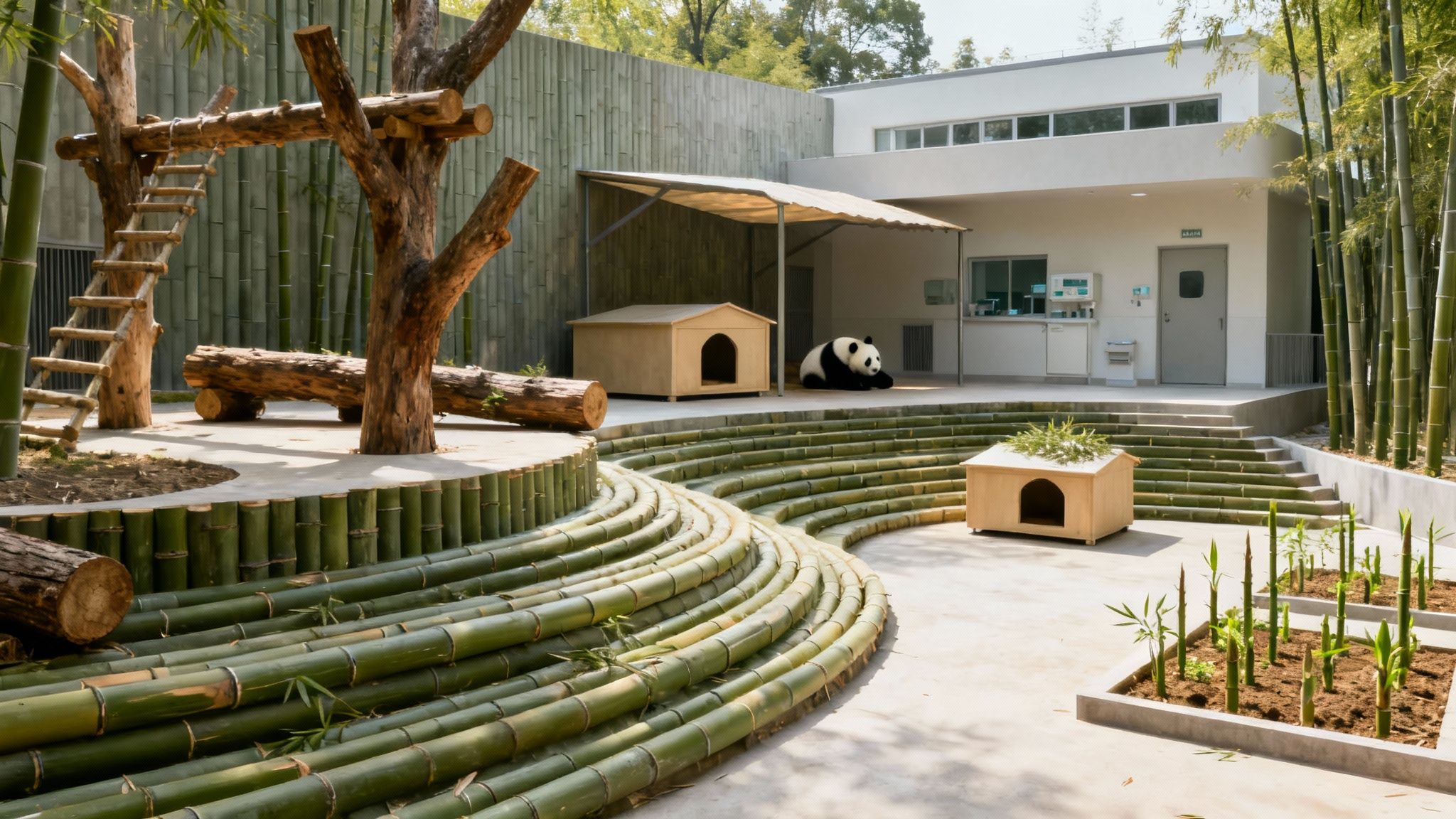 A playful baby panda exploring its lush, green enclosure at a panda garden.