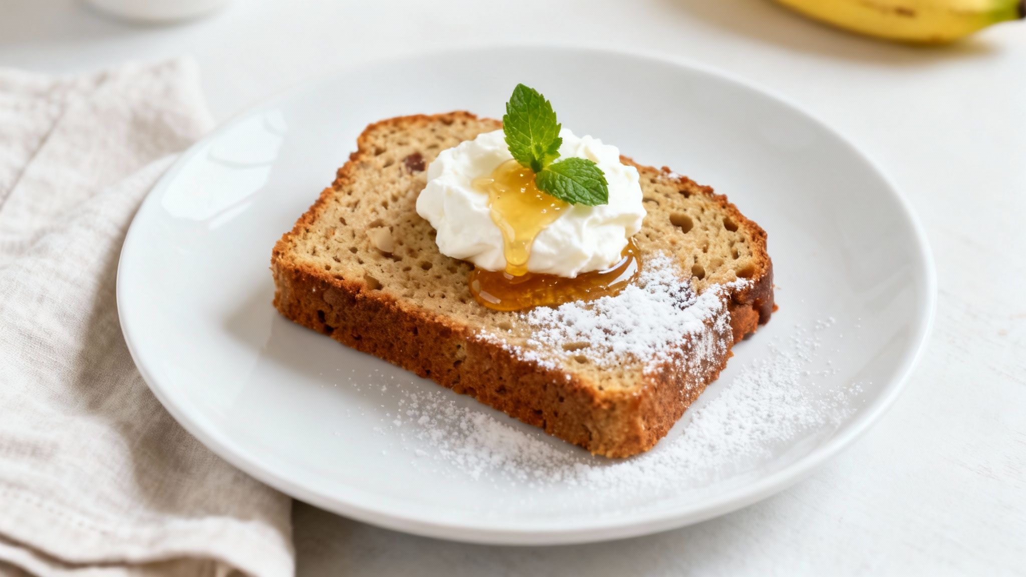 A warm slice of banana bread served elegantly on a plate with a dollop of cream and fresh berries.