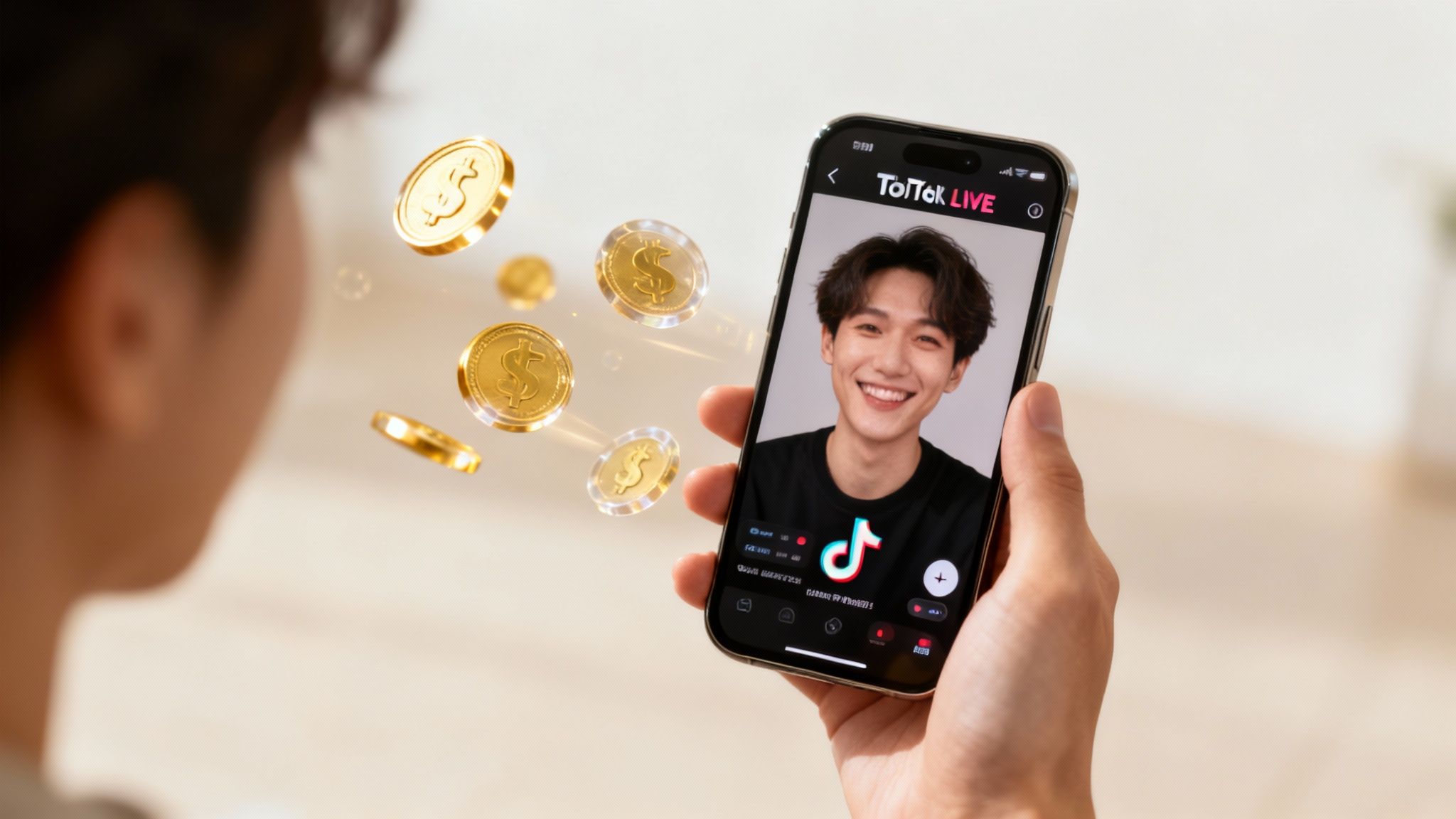 Person holding smartphone viewing TikTok TLive stream with virtual gold coins representing digital currency transactions
