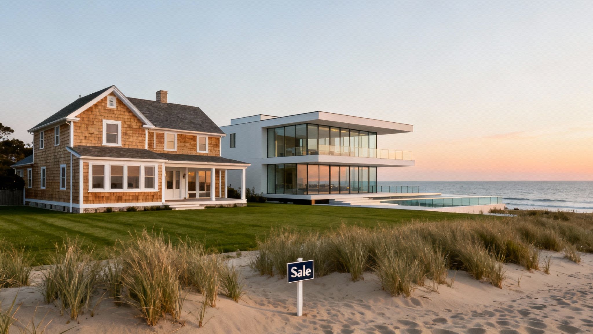 Luxury beachfront property for sale featuring traditional shingle and modern glass architecture in the Hamptons