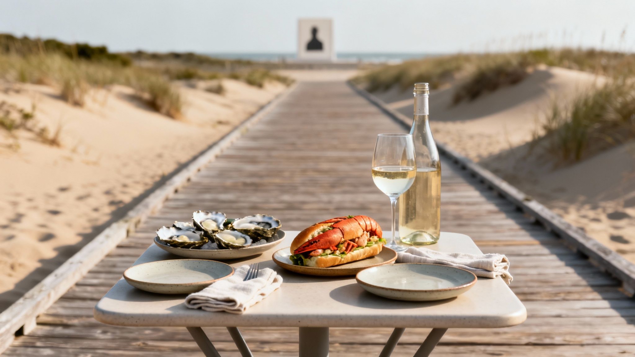 A table with a lobster roll, fresh oysters, white wine on a boardwalk by the beach.