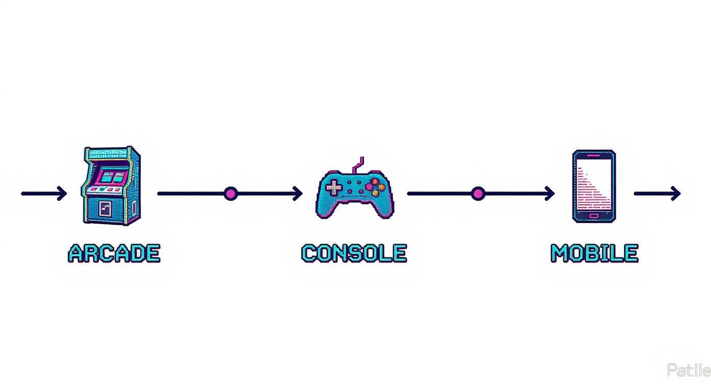 Evolution of gaming platforms from arcade machine to console controller to mobile device diagram