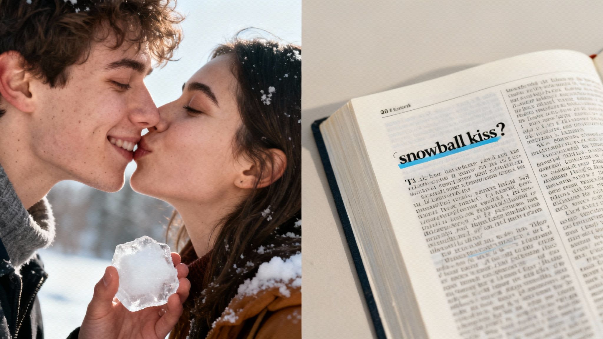 A romantic couple about to kiss in a snowy setting