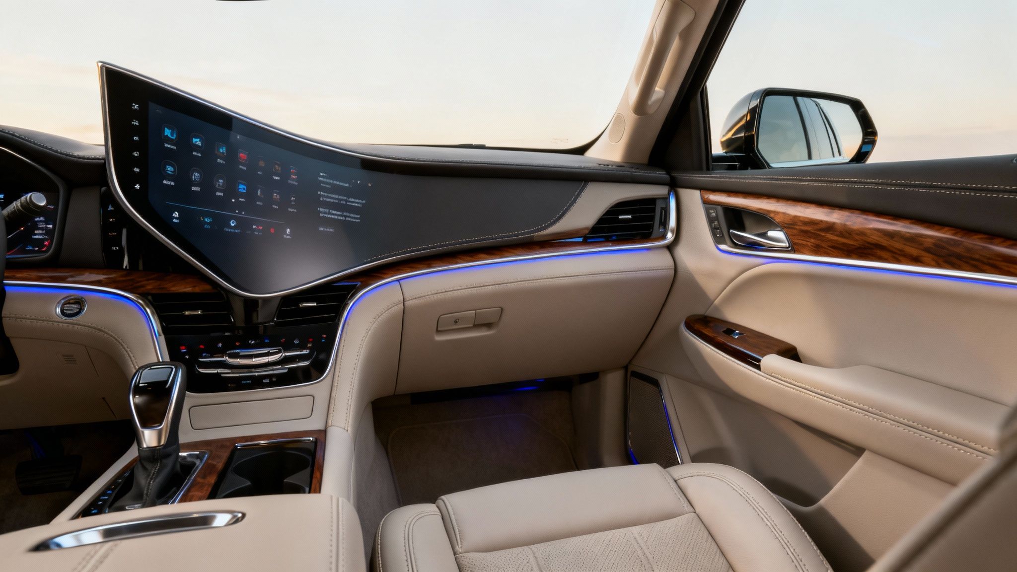 The expansive, high-tech interior of the 2025 Cadillac Escalade, highlighting the curved OLED screen.