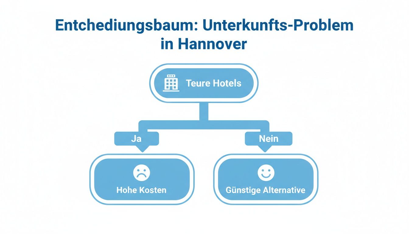 Entscheidungsbaum zur Unterkunftsfindung in Hannover, der teure Hotels mit hohen Kosten und günstigere Alternativen gegenüberstellt.