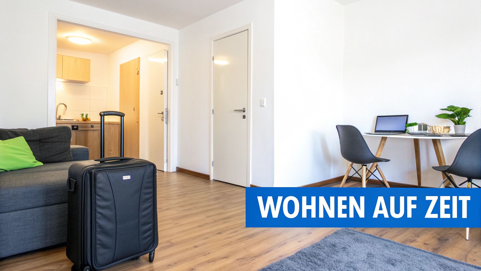 Modern eingerichtete Wohnung mit Wohnbereich, Küche und Schreibtisch, ideal für Wohnen auf Zeit.