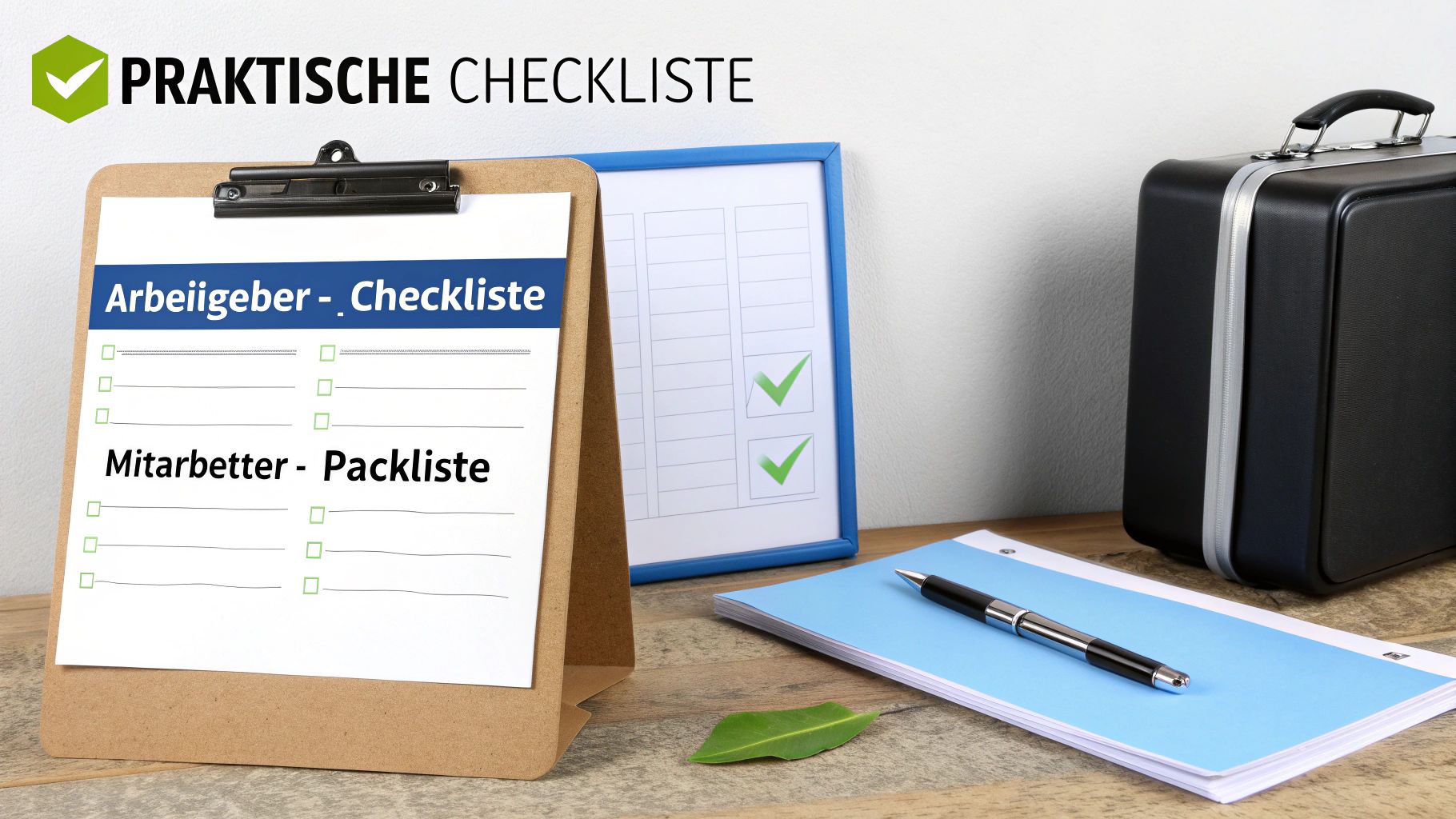 Klemmbrett mit Checklisten für Arbeitgeber und Mitarbeiter, grüne Häkchen, Büroutensilien und eine Aktentasche.