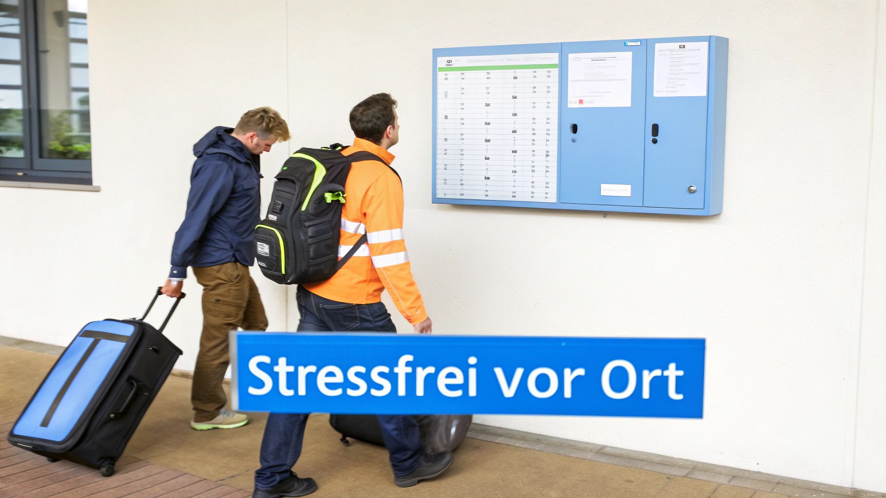 Zwei Männer mit Gepäck, einer in Warnweste, gehen an einer blauen Informationstafel vorbei.