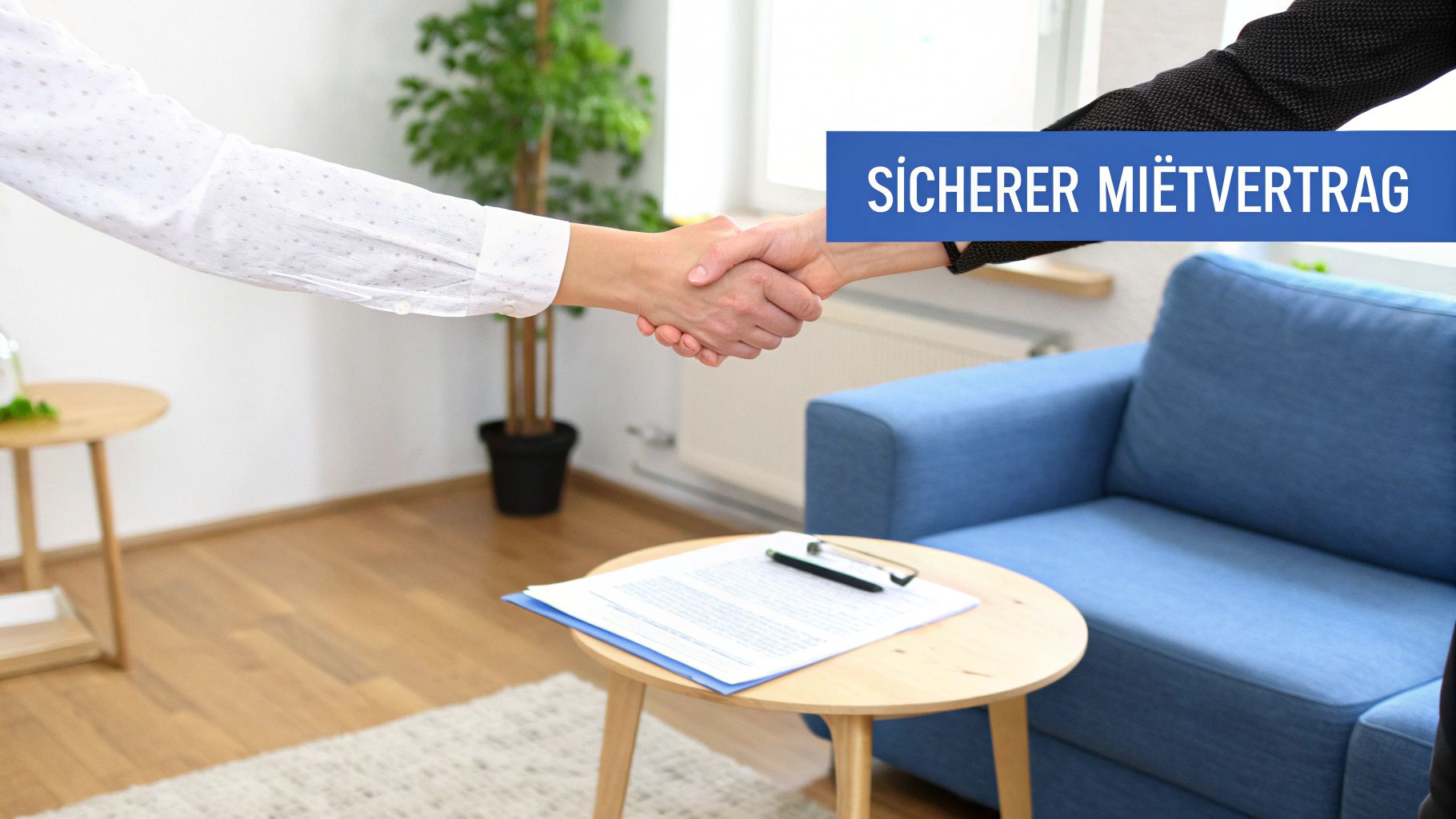 Händedruck zur Besiegelung eines sicheren Mietvertrags in einem modernen Wohnambiente.