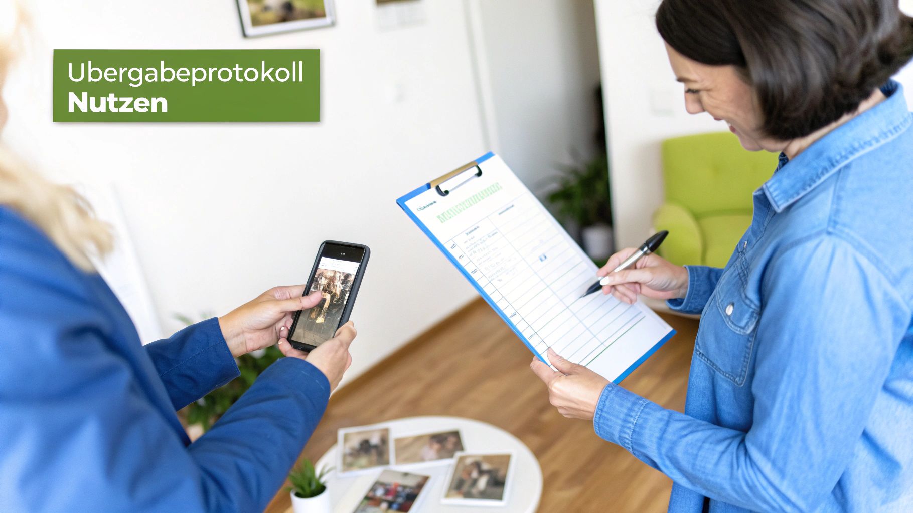 Zwei Frauen dokumentieren eine Wohnungsübergabe. Eine nimmt Fotos mit einem Smartphone auf, die andere füllt ein Übergabeprotokoll aus.