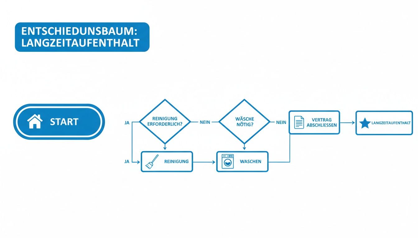 Flussdiagramm eines Entscheidungsbaums für einen Langzeitaufenthalt mit Schritten für Reinigung, Wäsche und Vertragsabschluss.