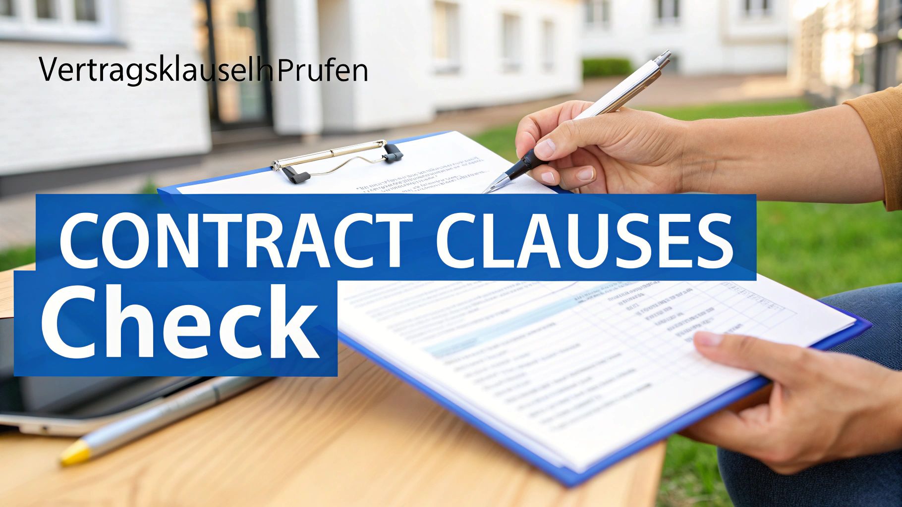 Nahaufnahme einer Person, die Vertragsklauseln auf Dokumenten prüft, mit Überschrift „Vertragsklauseln Prüfen“.