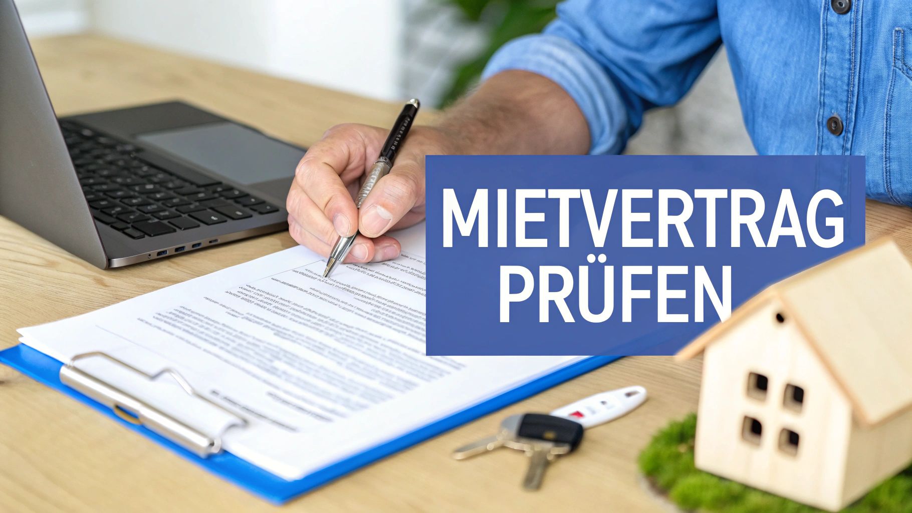 Person prüft einen Mietvertrag mit Stift, Laptop, Schlüsseln und einem Hausmodell auf dem Tisch.