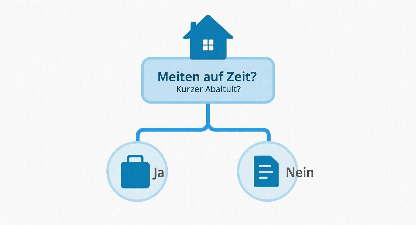 Flussdiagramm zur Frage des Mietens auf Zeit oder eines kurzen Aufenthalts, mit Optionen für Ja (Koffer) und Nein (Dokument).